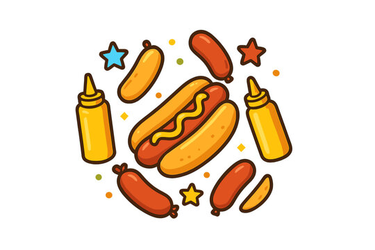 cartoon hot dogs, mustard, stars, food clip art preview