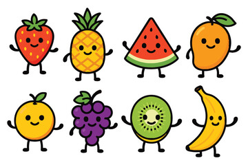 A vibrant group of eight cute, anthropomorphic fruit characters, each with a smiling face and outstretched arms, displayed against a white background.