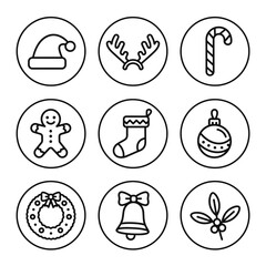 Christmas icon set featuring holiday symbols in line art style