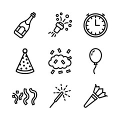 Celebration icon set featuring party elements in minimalist style