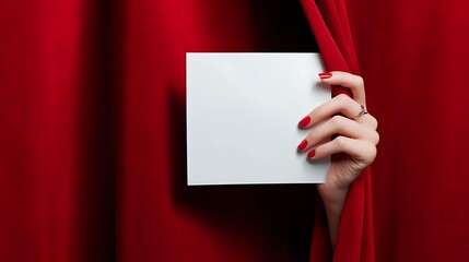 Female hand with red manicure holding blank white card against rich red velvet curtain background, creating dramatic contrast for announcement or invitation.