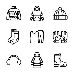 Winter clothing icon set in minimalist line art style featuring various garments