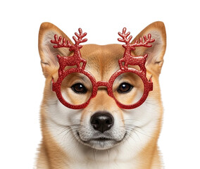 A cute Shiba Inu dog wears festive red glitter reindeer antler glasses, looking directly at the camera with a gentle smile against a stark black background, conveying a cheerful holiday spirit