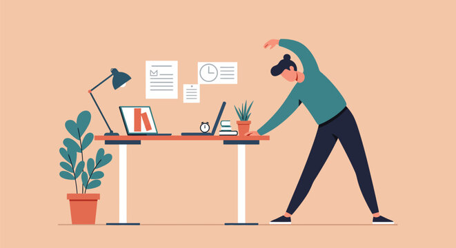 Man stretching at his desk, taking a break from work.