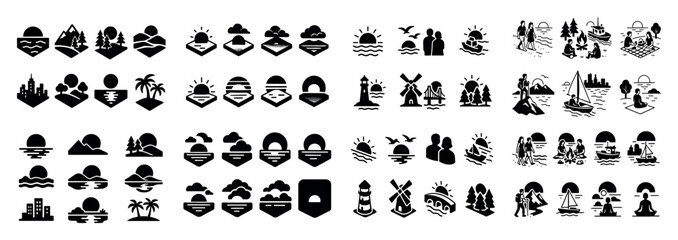 Fototapeta premium Black and white landscape icons set
