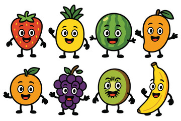 A vibrant group of eight cartoon fruits, each with a smiling face and expressive eyes, are depicted in a playful arrangement.