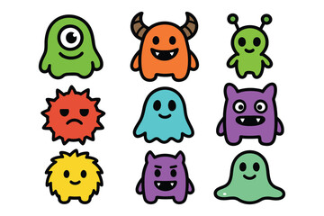 A vibrant grid displays nine unique, hand-drawn cartoon monsters, each with a distinct personality and playful design.