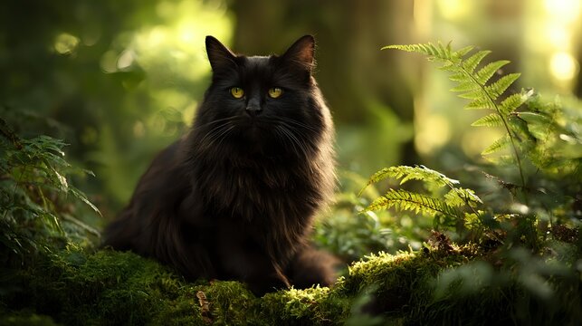 Majestic black cat with golden eyes sitting in enchanted forest surrounded by ferns and moss, bathed in magical sunlight filtering through trees.