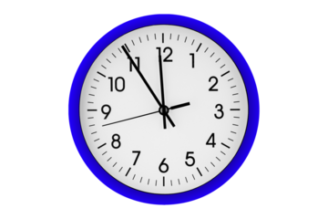 Blue watch, wall clock 11 hours 45 minutes on isolated or white background close up
