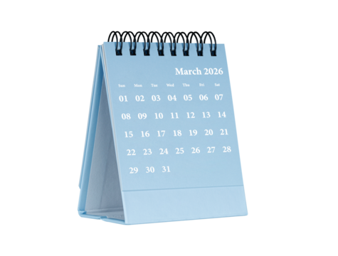 Desktop calendar for March 2026 in blue colour. Mini planner for business and finance, spiral view on isolated white background close up.