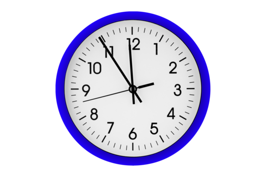 Blue watch, wall clock 11 hours 45 minutes on isolated or white background close up