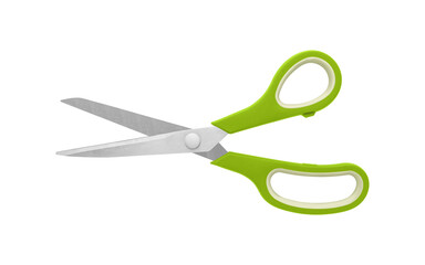 A pair of Green handled scissors in half-open position on a white background, displaying stainless steel blades and ergonomic handles.