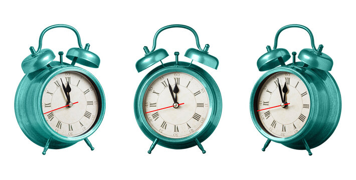 set collection retro clock, watch, pointer clock, Blue color alarm clock on isolated white background close up