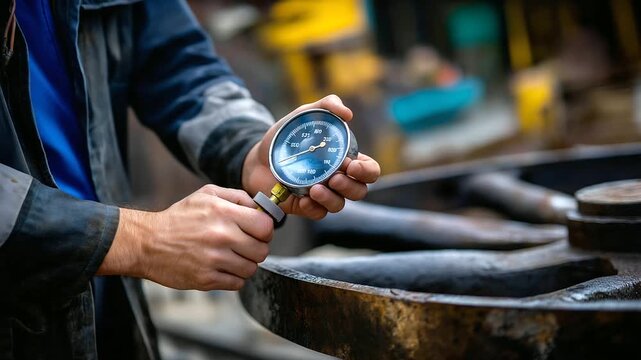 Faceless worker&rsquo;s hand holding metal gauge near old wheel, selective focus highlighting steel surface, with copy space.