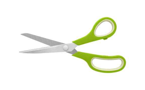 A pair of Green handled scissors in half-open position on a white background, displaying stainless steel blades and ergonomic handles.