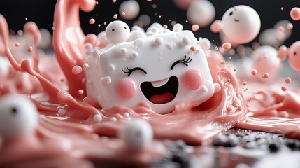 A smiling marshmallow character sits in a bubbly pink world, radiating playful charm and whimsical delight. The image captures fun, sweetness, and vibrant energy.