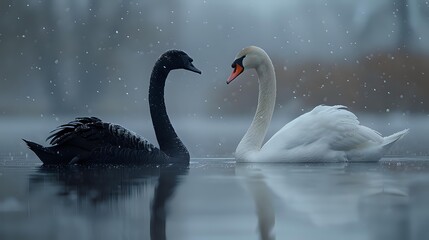 Black and white swans forming heart shape on misty lake during snowfall, symbolizing love, unity, and contrast in nature.