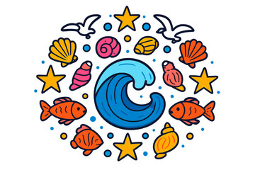 Fototapeta premium Marine Mandala Art. Ocean wave in the middle with seashells, fish, seagulls, and stars radiating outward in marine mandala