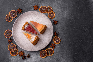 Cheesecake, a slice of sweet pie, a classic cheese dessert. Cheesecake as a food background