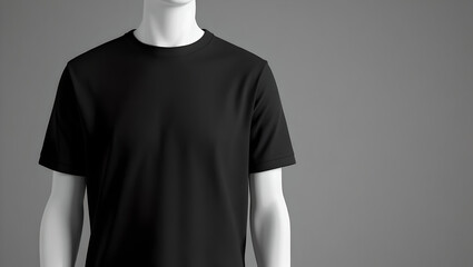 Close-up of a black t-shirt on a white mannequin torso against a gray background.