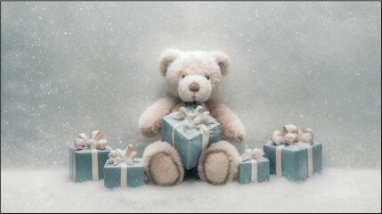 A cute teddy bear wearing a soft winter scarf sits surrounded by beautifully wrapped blue gift boxes with elegant ribbon bows