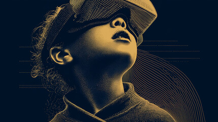 A girl with VR virtual reality goggles. Metaverse technology concept