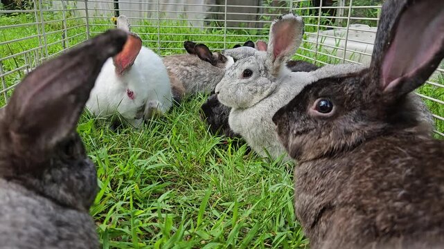Variety of few adult rabbits being captive in small bottomless cage place on grass as animals waiting to be transported or processed. Bunnies can also feed on fresh grass and be moved.