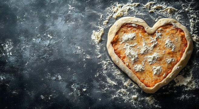 Heart-shaped homemade pizza with tomato sauce and cheese on dark stone background with flour dusting, perfect for Valentine's Day or romantic dinner.