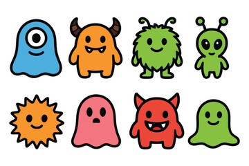 A vibrant set of eight distinct, hand-drawn cartoon monsters, each with its own playful personality and charming design.