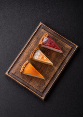 Cheesecake, a slice of sweet pie, a classic cheese dessert. Cheesecake as a food background