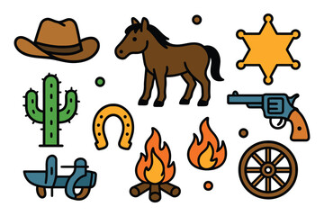 A vibrant cartoon illustration showcasing various iconic elements of the Wild West including a horse cowboy hat cactus and sheriff badge.