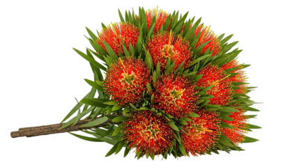A vibrant bouquet of exotic red and yellow spiky flowers with lush green leaves, lying horizontally and isolated on a stark black background for a dramatic floral display