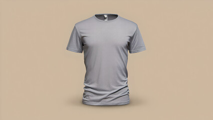 Full view of a gray t-shirt on a mannequin against a warm, beige/brown background.