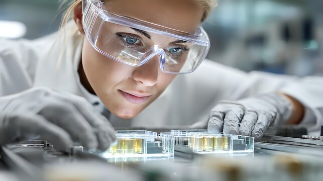 Young female scientist in lab coat and safety glasses examining liquid samples in test tubes for scientific research and analysis.