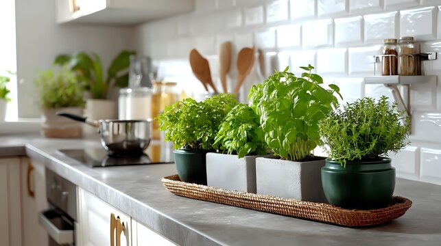 Fresh herbs growing in pots on kitchen countertop with white tile backsplash, wooden utensils, and cooking pot in background.