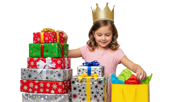 Joyful young girl wearing a golden princess crown sits with a stack of festive gift boxes and a shopping bag, celebrating a special occasion against a clean black studio background - Powered by Adobe
