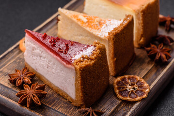 Cheesecake, a slice of sweet pie, a classic cheese dessert. Cheesecake as a food background