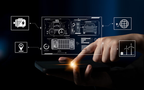 Smart interface showing electric vehicle performance, battery system, power control, charging status, and integration with renewable and grid-based energy sources Latch - Powered by Adobe