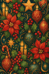Vintage Christmas Pattern &bull; Poinsettia & Holly Retro Holiday Art &bull; Gold Ornaments & Candles Seamless Christmas Design