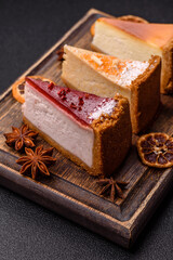Cheesecake, a slice of sweet pie, a classic cheese dessert. Cheesecake as a food background