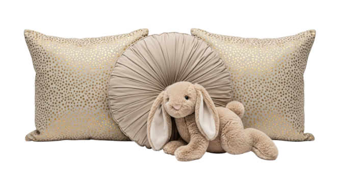 A cute beige plush bunny rabbit toy with long floppy ears rests against elegant decorative pillows with gold polka dots, isolated on a black background for a cozy nursery concept