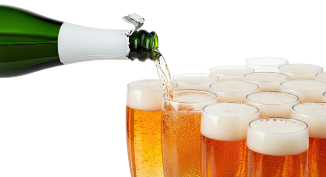 Sparkling golden beverage being poured from an open green bottle into a tall glass among many others, creating a frothy foam head for a festive celebration, isolated on a black background