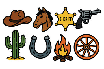 A vibrant collection of iconic Western symbols arranged in two rows, perfect for illustrating a Wild West theme.