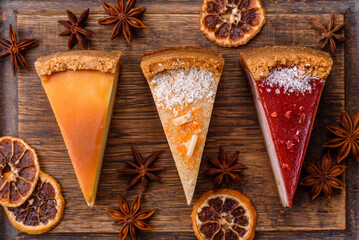 Cheesecake, a slice of sweet pie, a classic cheese dessert. Cheesecake as a food background