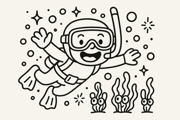 Cheerful Diver Adventure. Cute doodle vector artwork of a cheerful diver with a big grin, swimming among doodle sparkles, happy