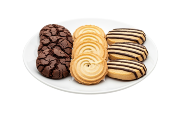 An assortment of delicious chocolate crinkle, butter swirl, and shortbread cookies with chocolate drizzle served on a white plate and isolated on a black background