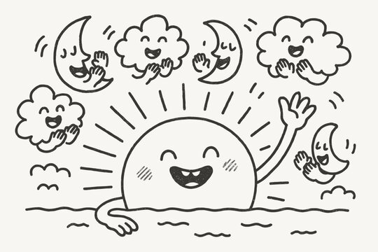 Joyful Sunset Farewell. A doodle of a friendly sun setting with a grin, waving goodbye to yestern, while moons and clouds clap