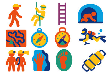 Underground Exploration Icons. Flat vector icons of underground exploration: spelunker silhouette, rope descent, climbing ladder,