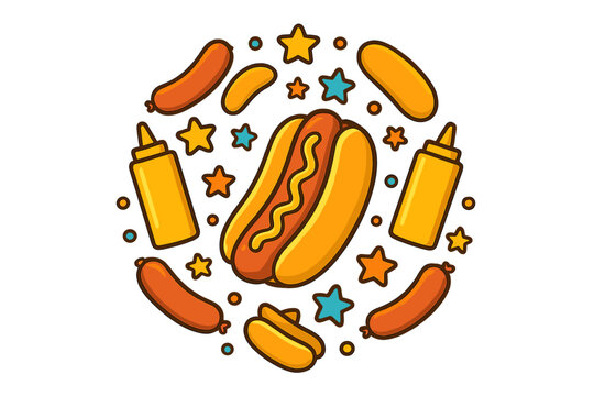hot dog, mustard, stars, food, cartoon style clip art preview