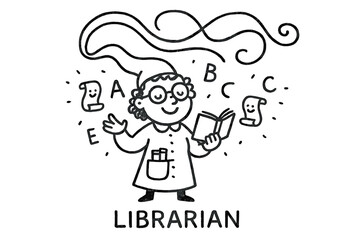 Obraz premium Joyful Librarian Doodle. A doodle of a smiling librarian character whose liripipe forms loops in the air, holding little floating